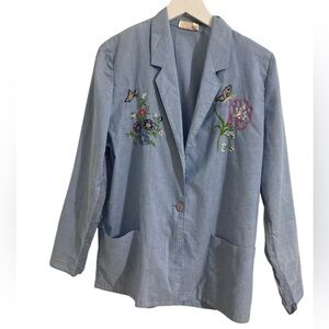 VTG CHAMBRAY BLAZER- GRAFFSPORT-Embroidered Light Blue Women's Blazer Jacket- M